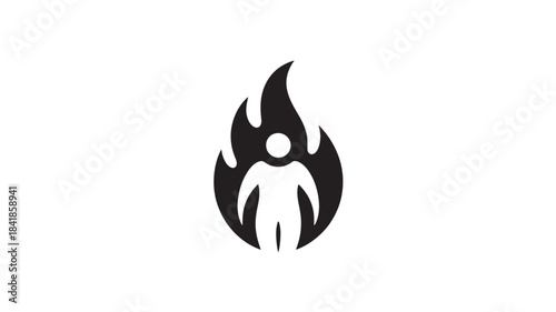 Vector Fire flame icon with person silhouette for safety and warning signs, minimalist vector symbol