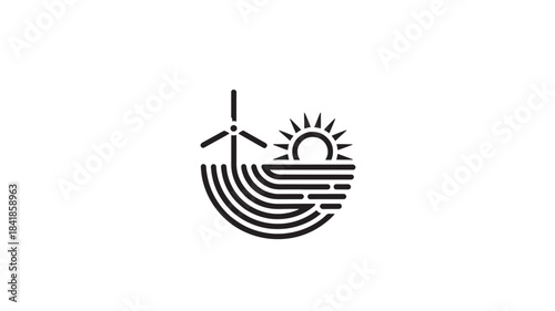 Vector Renewable energy symbol with wind turbine and sun for eco friendly concept, minimalist vector icon