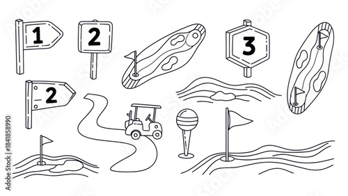 Golf course elements signs flags cart fairways and course design