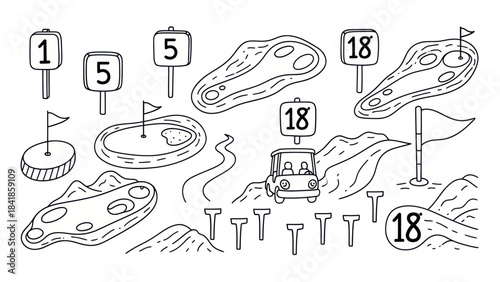 Golf course elements signs holes cart flags and course illustrations