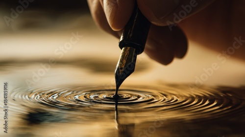Elegant fountain pen creating ripples on liquid surface for writing inspiration and creativity