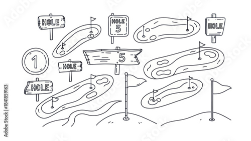 Golf course elements vector illustration set for design and projects
