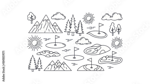 Golf course elements vector illustration of various outdoor elements