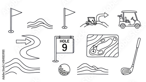 Golf course icons flags cart hole ball and club vector illustrations