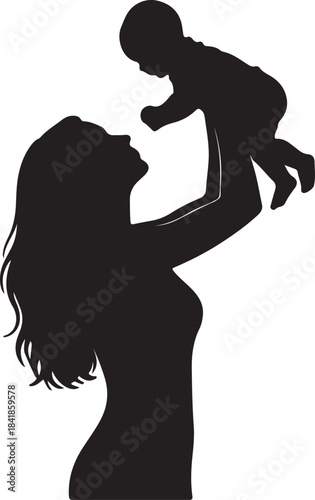 Mother joyfully lifting and playing with her infant baby in a heartwarming silhouette illustration, symbolizing maternal love and bonding.