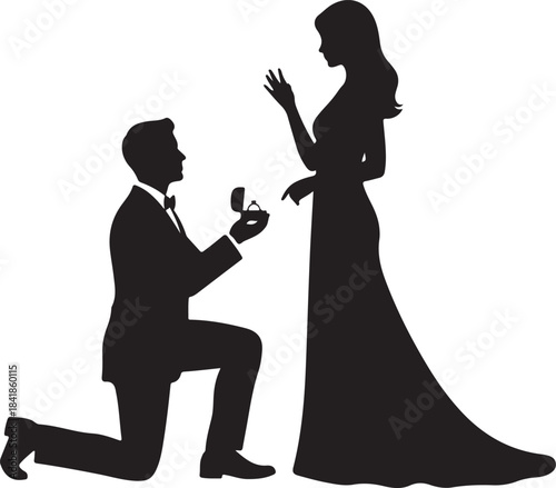 Man proposing marriage to woman silhouette illustration. romantic moment of engagement with ring on white or transparent background.