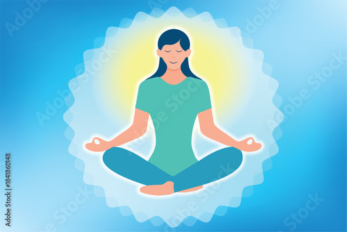 Woman meditating in lotus pose glowing aura