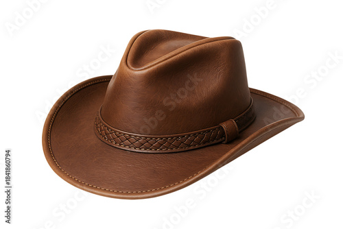 Brown leather cowboy hat with woven band and curved wide brim Isolated on a Transparent Background