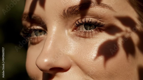 Extreme closeup of womans eye with leaf shadows on face. Sunlight filtering through foliage creating dappled pattern. Natural beauty and serene gaze concept for portrait photography.