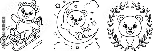 Cute Teddy Bear Coloring Page Vector Set Illustration Featuring Winter Sledding Bear, Bear on a Moon with Stars, and a Bear in a Wreath Outline.