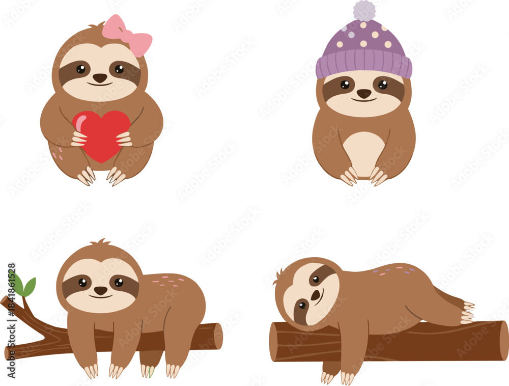 Obraz premium Adorable Cartoon Sloth Collection Vector Illustration Featuring Sloths Holding a Heart, Wearing a Beanie, and Relaxing on Tree Branches for Cute Designs.