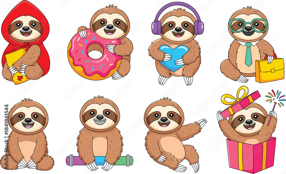 Fototapeta premium Cute Cartoon Sloth Character Collection Vector Illustration Featuring Sloths with Donut, Headphones, Glasses, and Holding Gifts for Holiday and Party Themes.