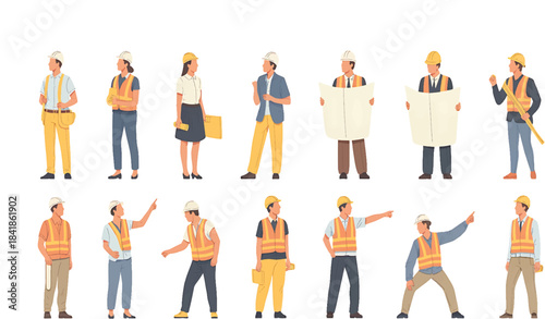 People in cores Architects and construction workers people in specific editable rows. Vector illustration.