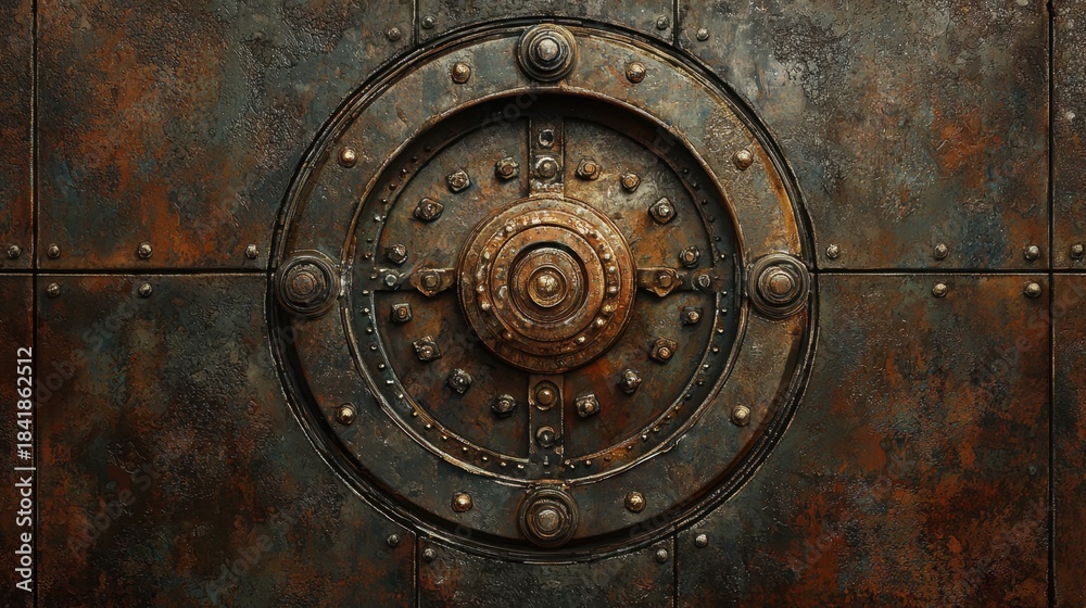 Fototapeta premium Large metal safe door with circular locking mechanism and rusty surface in an old warehouse