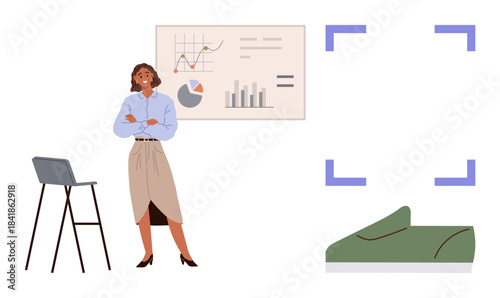 Confident woman presenting data charts near a stool and pointer. Ideal for analytics, statistics, leadership, education, public speaking, professional development, simple flat metaphor