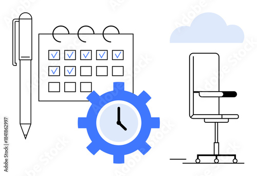 Time management, productivity, scheduling, workflow, office planning, organization. Minimalist setup a pen, calendar with checkmarks gear clock and office chair. Productivity and scheduling