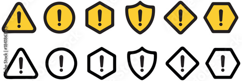 Warning icon set featuring triangular signs with exclamation marks, caution symbol collection, hazard alert graphics, attention notice elements, vector safety design pack
