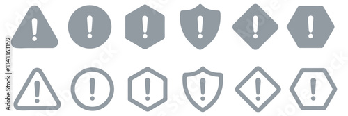 Warning icon set featuring triangular signs with exclamation marks, caution symbol collection, hazard alert graphics, attention notice elements, vector safety design pack
