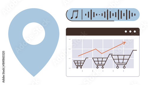 Graph with rising cart analytics, audio data waveform, and blue location pin. Ideal for e-commerce, data tracking, business growth, marketing insights, online trends analysis, location-based