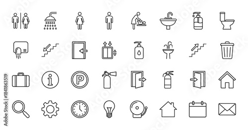 Public navigation line icon set. Vector pictograms of restroom, shower, elevator, stairs, exit, parking, extinguisher, sink and information. Thin outline illustration.