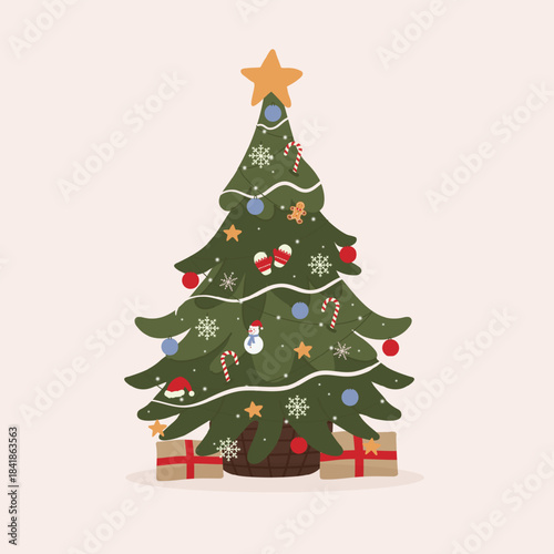 Christmas tree illustration featuring holiday elements such as ornaments, candy canes, snowflakes, mittens, a small snowman, and wrapped gifts placed underneath. Vector illustration.