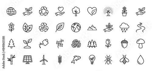Nature and ecology line icon set. Vector pictograms of recycle, globe, tree, leaf, solar panel, wind turbine, sprout, flower and water drop, thin outline illustration.