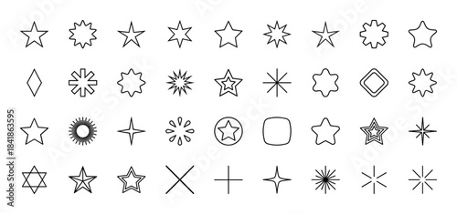 Star line icon set. Vector pictograms of sparkle, burst, twinkle, asterisk, cross, pentagram, hexagram and geometric shapes, thin outline illustration.