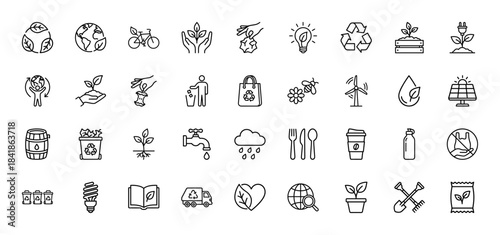 Ecology and recycling line icon set. Vector pictograms of solar panel, wind turbine, recycle bin, earth, plant, lightbulb and water drop, thin outline illustration.