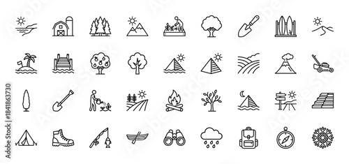 Nature, outdoor and camping line icon set. Vector pictograms of mountain, farm, tent, tree, fishing, hiking, agriculture, beach and travel, thin outline illustration.