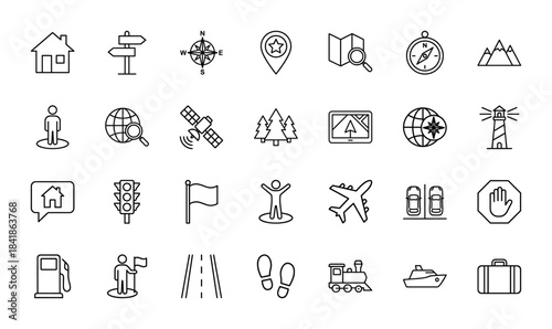 Travel and navigation line icon set. Vector pictograms of map, compass, globe, satellite, lighthouse, airplane, train, ship and suitcase, thin outline illustration.
