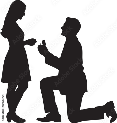 Silhouette of a man proposing marriage to a woman with a ring a romantic gesture for wedding and engagement concepts isolated on white
