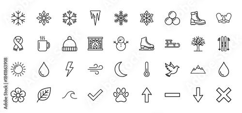 Winter weather line icon set. Vector pictograms of snowflakes, snowman, mittens, skates, sled, fireplace, sun, rain and wind, thin outline illustration.