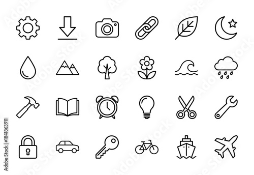 Universal line icon set. Vector pictograms of settings, camera, nature, tools, travel, security and weather symbols, thin outline illustration.