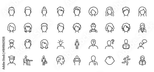 People and avatar line icon set. Vector pictograms of man, woman, chef, student, worker, baby, senior, running, reading and thinking. Thin outline illustration.