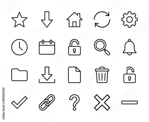 User interface line icon set. Vector pictograms of star, home, setting, search, clock, calendar, lock, folder, bell and trash, thin outline illustration.