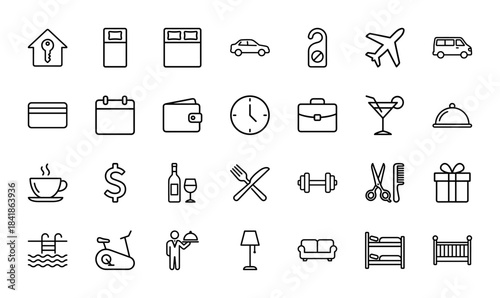 Hotel and travel line icon set. Vector pictograms of bed, airplane, car, food, briefcase, gym, key, wallet and service, thin outline illustration.