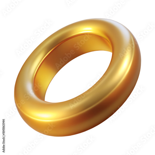 Golden ring isolated on white background, shiny metallic torus 3D rendering