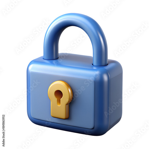 3D illustration of a blue padlock with a gold keyhole on white background