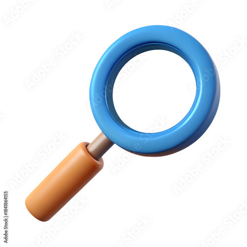 3D illustration of a blue magnifying glass with orange handle on white background