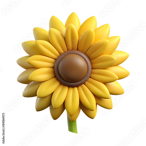 3D illustration of a bright yellow sunflower with brown center and green stem isolated