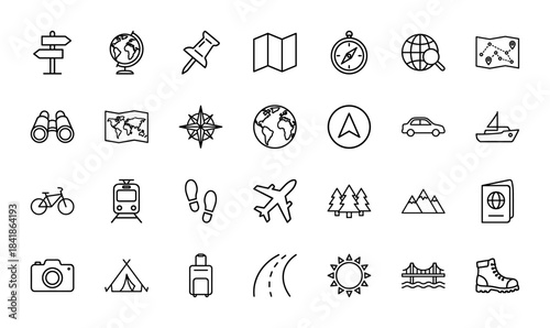 Travel and tourism line icon set. Vector pictograms of map, compass, globe, plane, train, car, luggage, camera, tent, passport, mountain, thin outline illustration.
