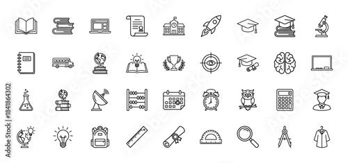 Education line icon set. Vector pictograms of book, diploma, graduation cap, microscope, bus, brain, backpack, calculator, beaker, clock, thin outline illustration.