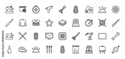 Sewing and needlework line icon set. Vector pictograms of machine, scissors, thread, needle, thimble, yarn, hoop, tape measure, thin outline illustration.