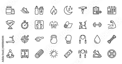 Fitness and gym line icon set. Vector pictograms of dumbbell, treadmill, stopwatch, scale, muscle, yoga, nutrition, shoe, bottle, thin outline illustration.