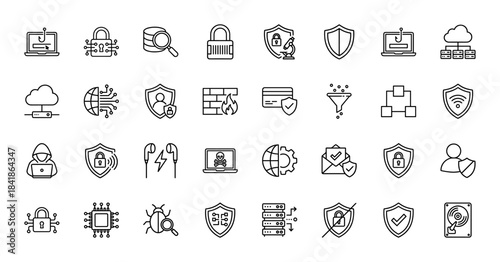 Cyber security line icon set. Vector pictograms of phishing, firewall, hacker, cloud, shield, malware, bug, database, lock and server, thin outline illustration.