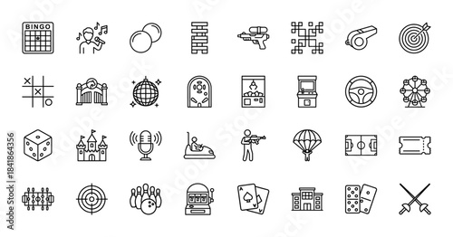 Game and arcade line icon set. Vector pictograms of bingo, bowling, slot, ferris wheel, disco, dice, cards, darts, castle, bumper car, pinball, outline illustration.