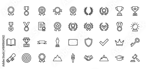 Award and achievement line icon set. Vector pictograms of trophy, medal, certificate, wreath, crown, shield, diploma, torch, graduation cap, thin outline illustration.