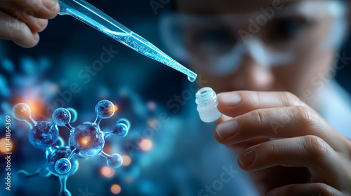 Advanced biotech research with faceless scientist conducting experiment with pipette and digital enhancements, defocused molecular biology work, laboratory technology integration, 