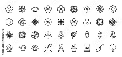 Nature and gardening line icon set. Vector pictograms of flower, rose, tulip, sunflower, lotus, cactus, watering can, shears and tree, thin outline illustration.