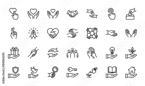 Charity and support line icon set. Vector pictograms of handshake, heart, donation, volunteer, care, help, prayer, teamwork, protection, thin outline illustration.